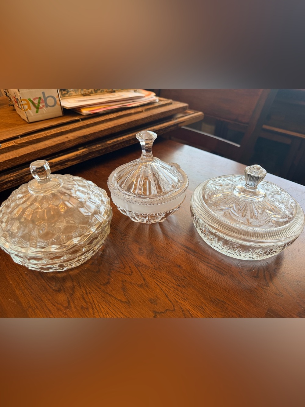 Set of 3 Vintage Clear Glass Lidded Candy Dish - with Lids Cute Candle Making